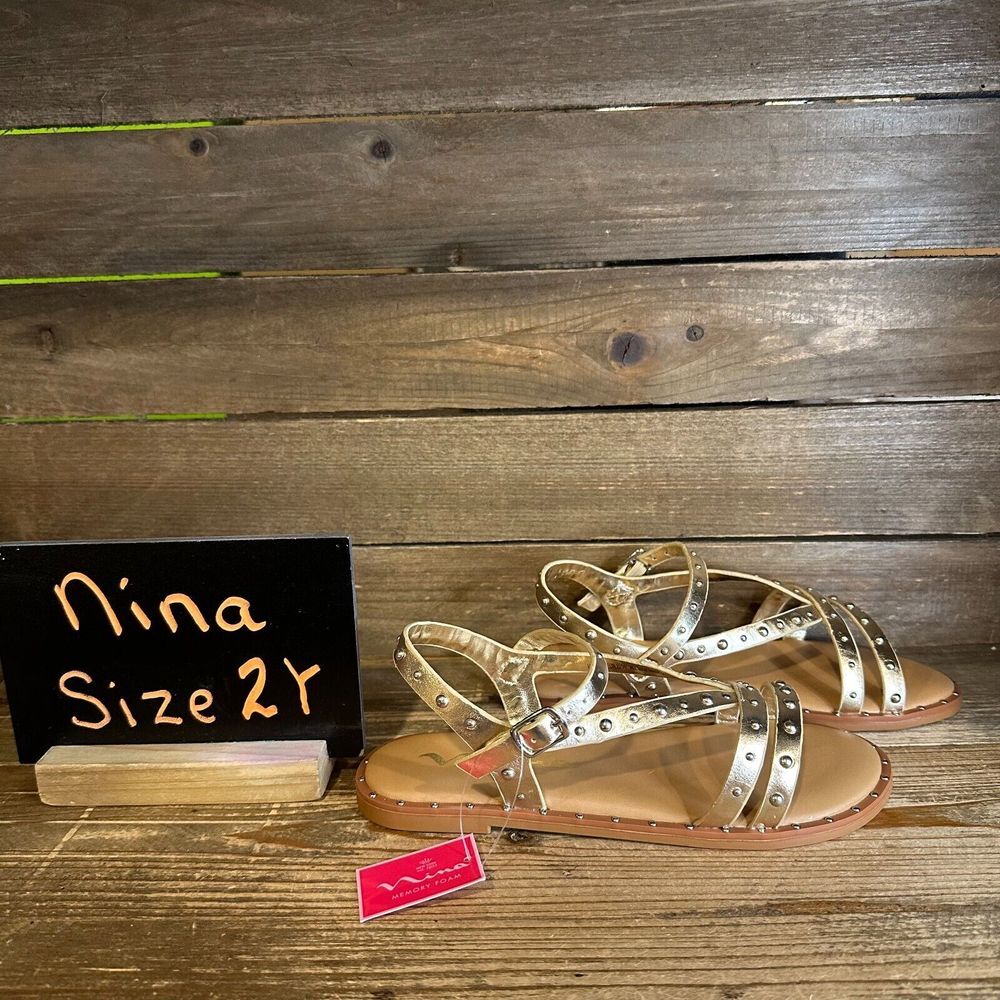 New NIB Big Kids‎ Nina Larsa Gold Beaded Leather Strappy Sandals Size 2 Y